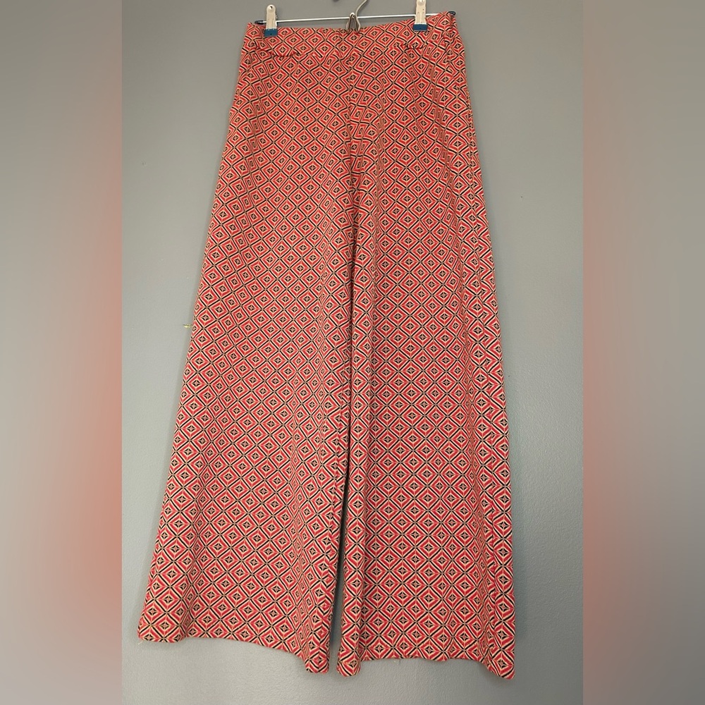 Geometric Print Pants L Pink Wide Leg High Rise Boho Soft Knit Made In Italy